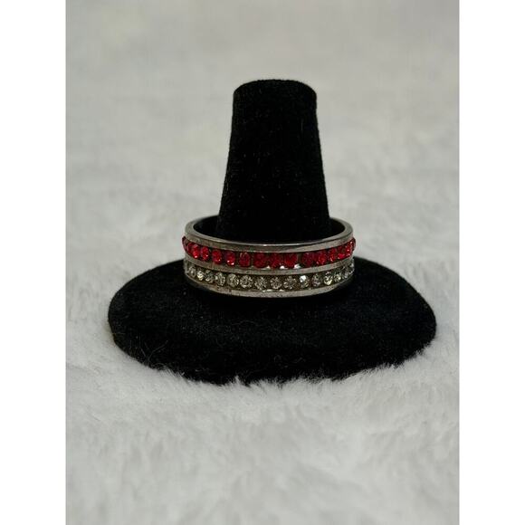 Source Unknown Jewelry - Red + Clear Rhinestone Band – Silver Tone – Size 8